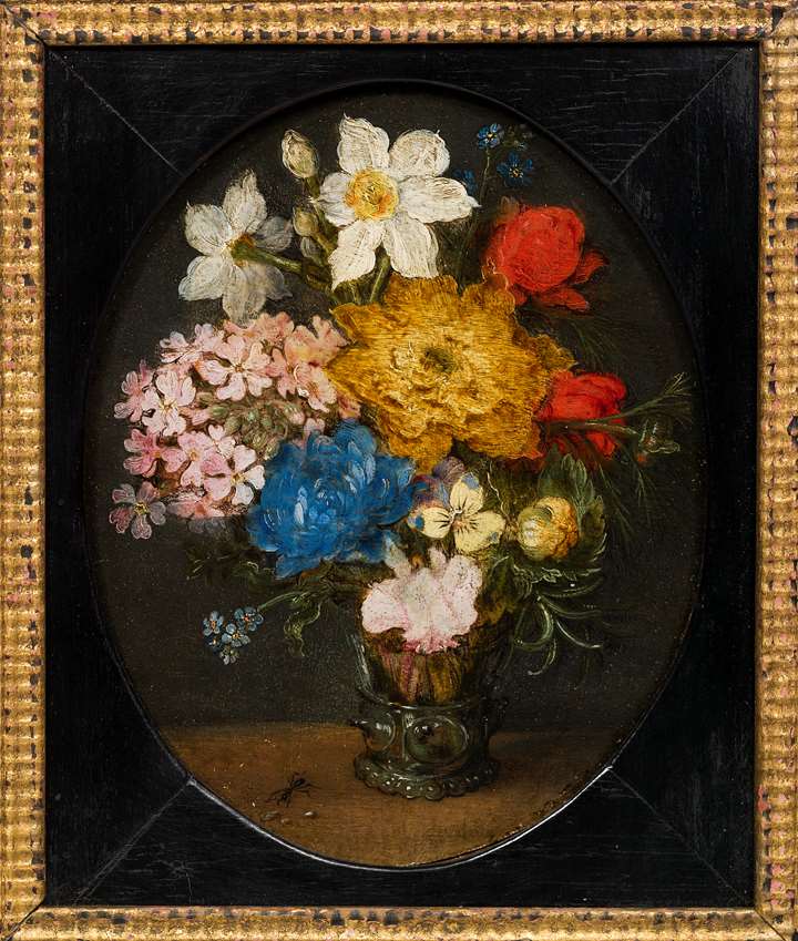 Narcissi, Chrysanthemums, Roses, Forget-me-nots, a Sprig of Rosemary and other flowers in a Roemer with an ant on a table.